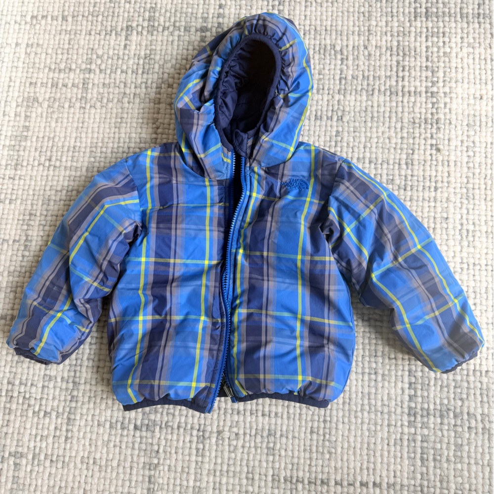 The North Face Blue Plaid Kids Puffer Jacket